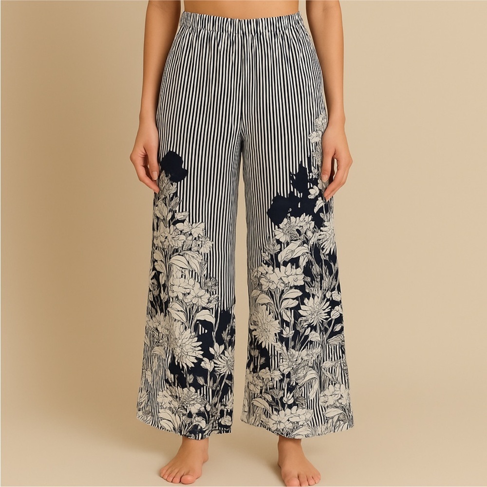 Mlle Gabrielle Size L Black and White Stripped Floral Pants